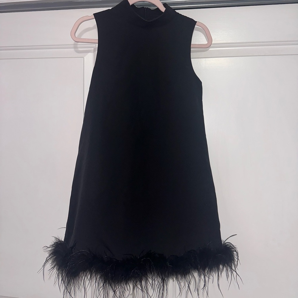 Black high neck mini dress with feather boa hem size S